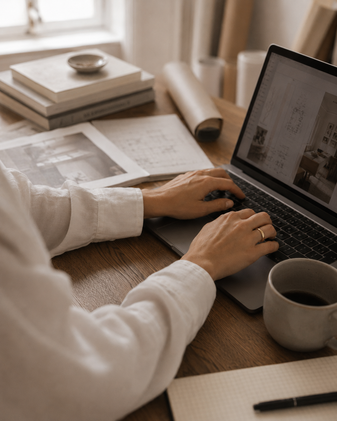 Arbeitsplatz mit Laptop, Entwürfen und Kaffeetasse